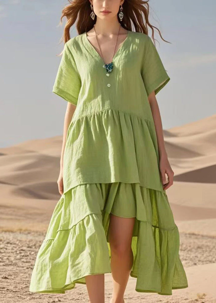 Natural Fruit Green V Neck Patchwork Cotton Long Dress Summer - Image 3