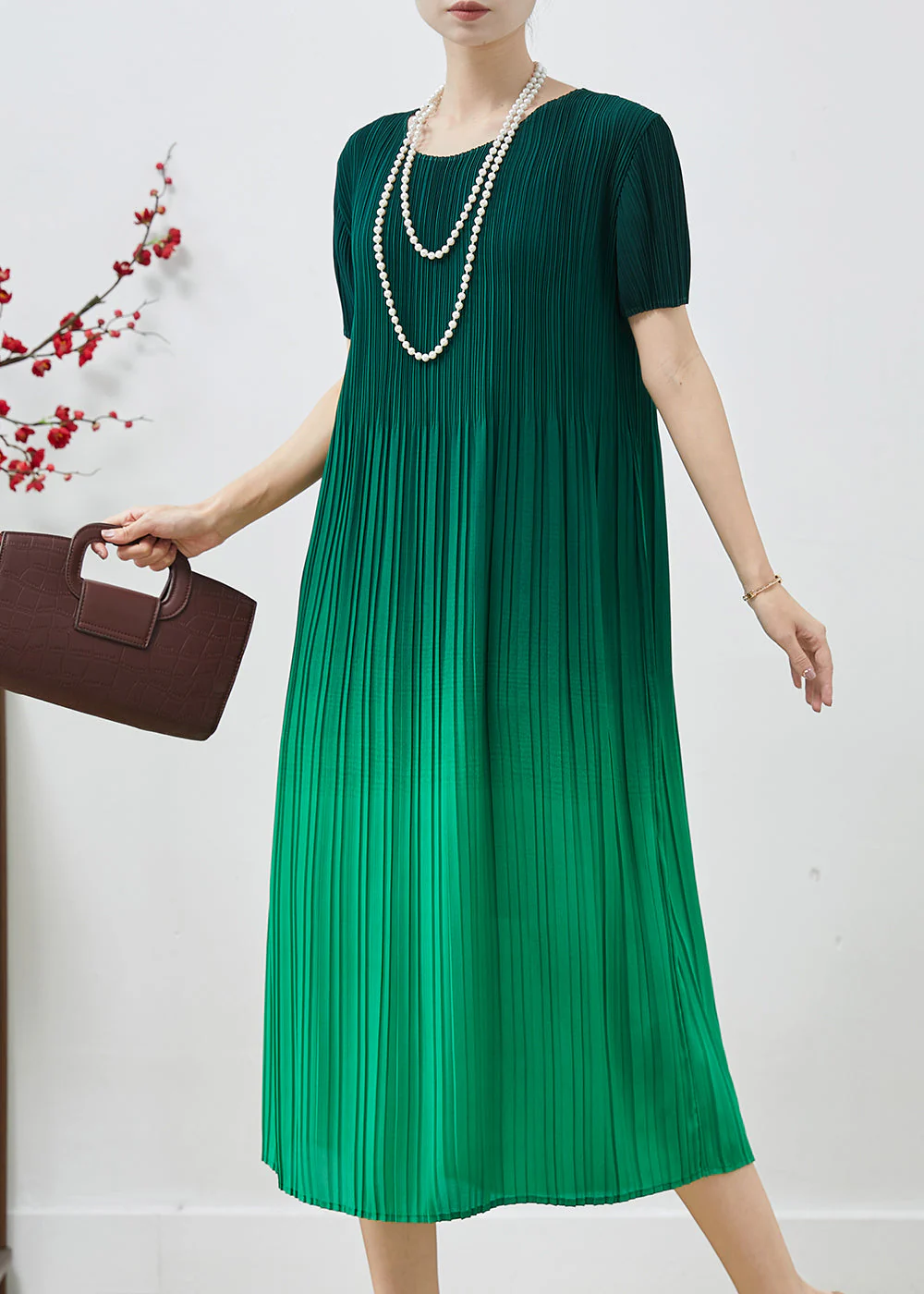 Natural Gradient Green Oversized Chiffon Pleated Dress Summer - Image 2