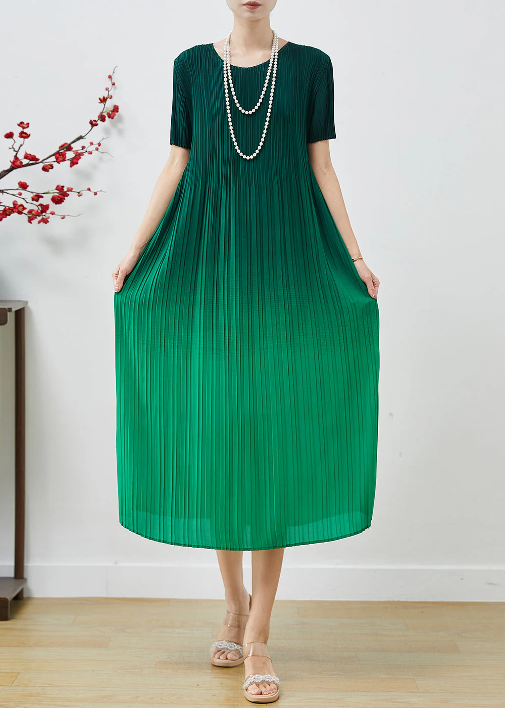 Natural Gradient Green Oversized Chiffon Pleated Dress Summer - Image 3
