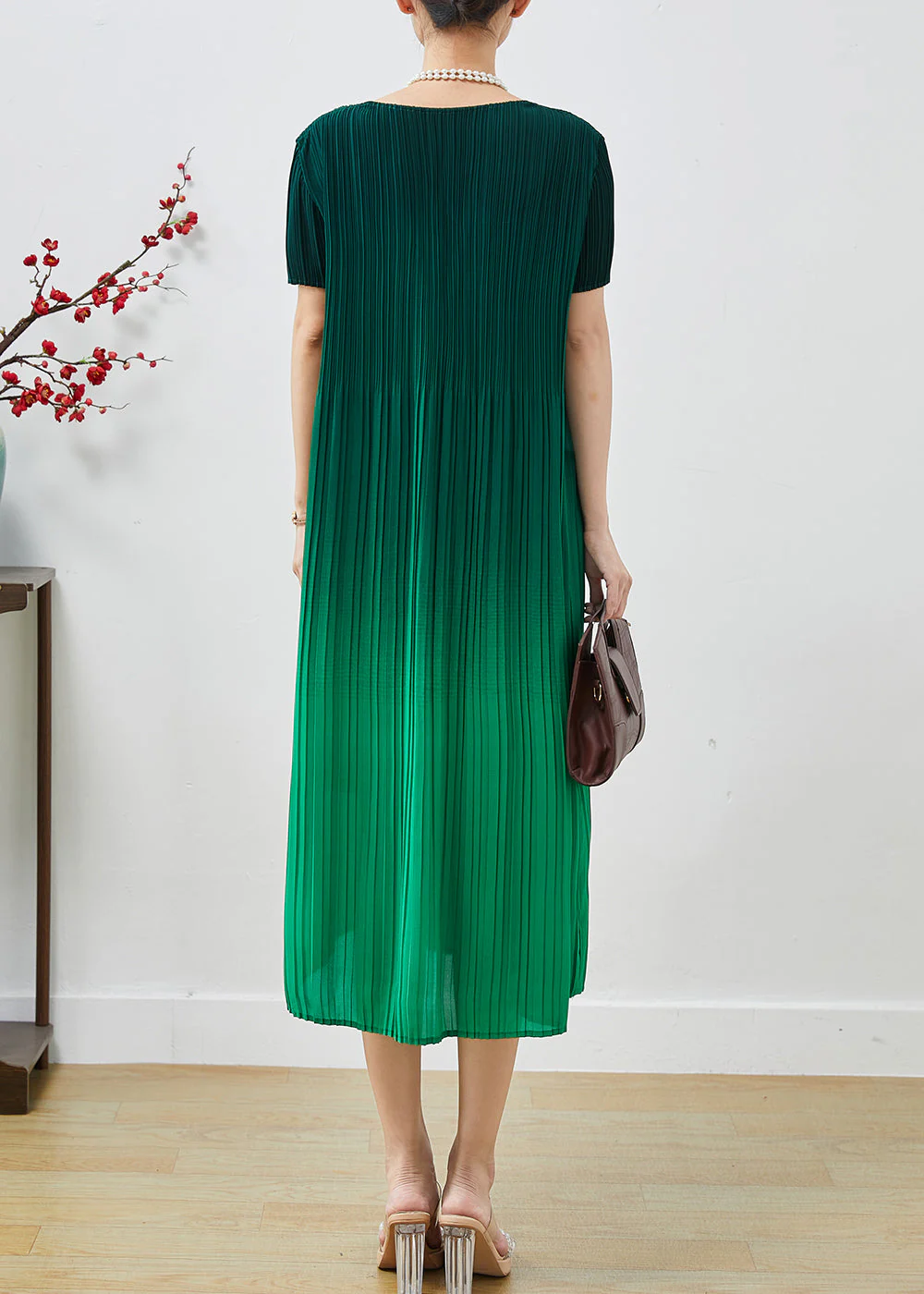 Natural Gradient Green Oversized Chiffon Pleated Dress Summer - Image 4