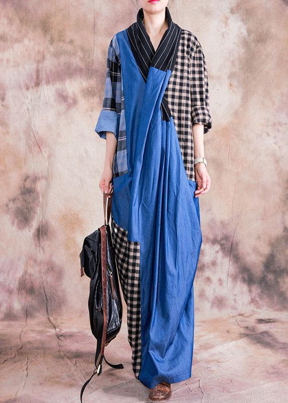 Natural gray plaid linen cotton dress v neck Cinched long fall Dress - Image 2