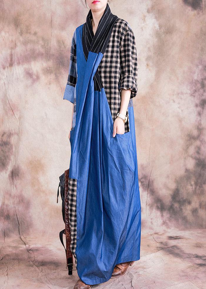 Natural gray plaid linen cotton dress v neck Cinched long fall Dress - Image 3