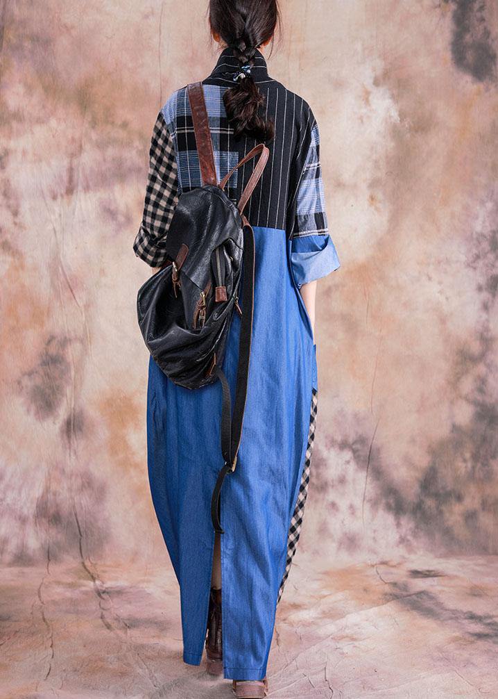 Natural gray plaid linen cotton dress v neck Cinched long fall Dress - Image 4