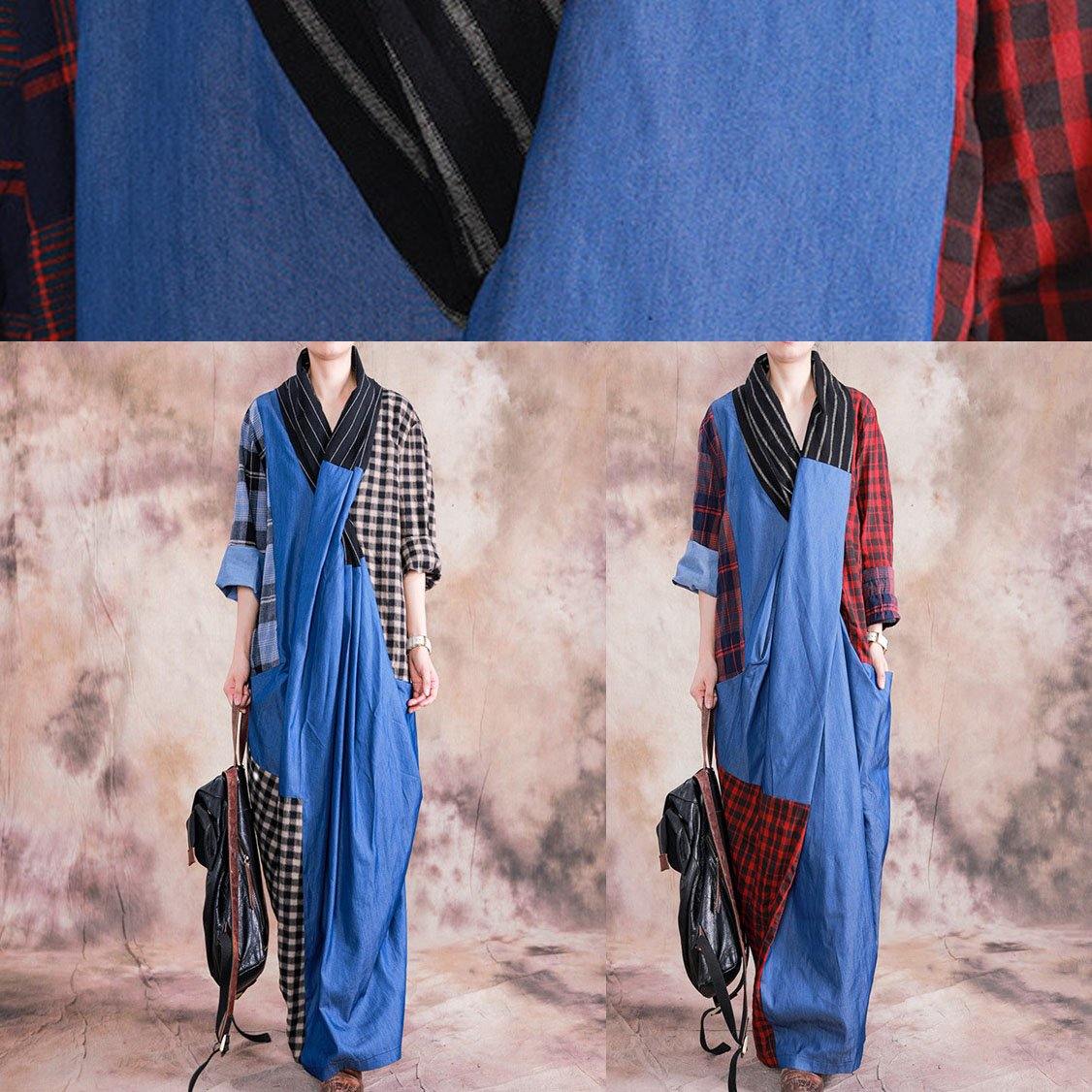 Natural gray plaid linen cotton dress v neck Cinched long fall Dress - Image 5