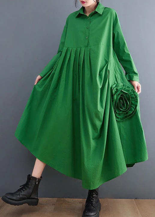 Natural Green Asymmetrical Floral Cotton shirts Dress Spring - Image 2
