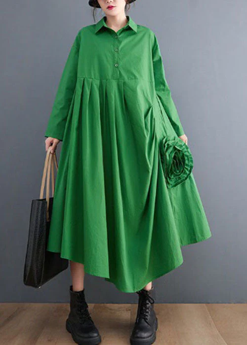 Natural Green Asymmetrical Floral Cotton shirts Dress Spring - Image 3