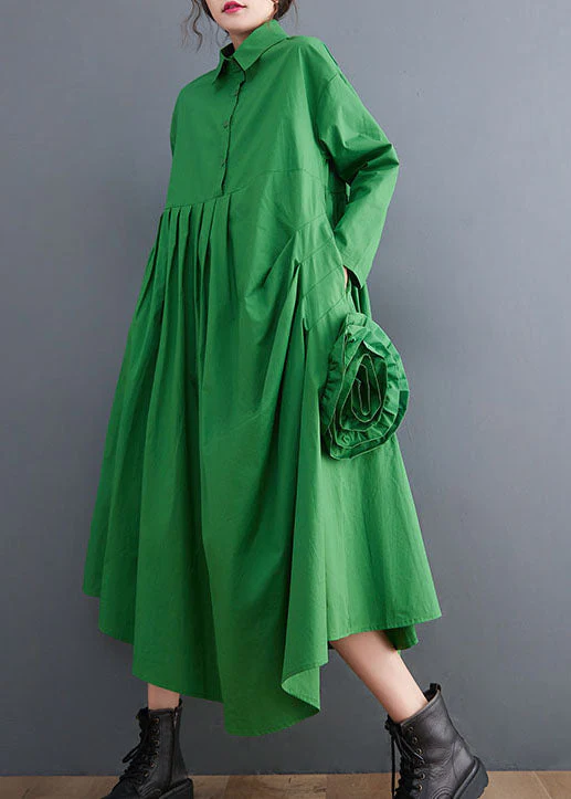 Natural Green Asymmetrical Floral Cotton shirts Dress Spring - Image 4