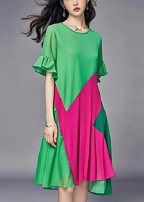 Natural Green Asymmetrical Patchwork Chiffon Party Dress Summer - Image 2