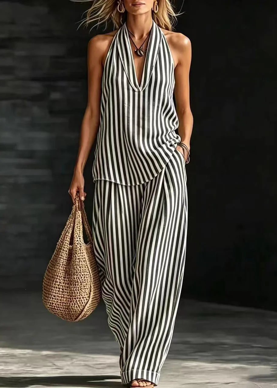 Natural Green Backless Striped Linen Halter Two Pieces Set Sleeveless - Image 3
