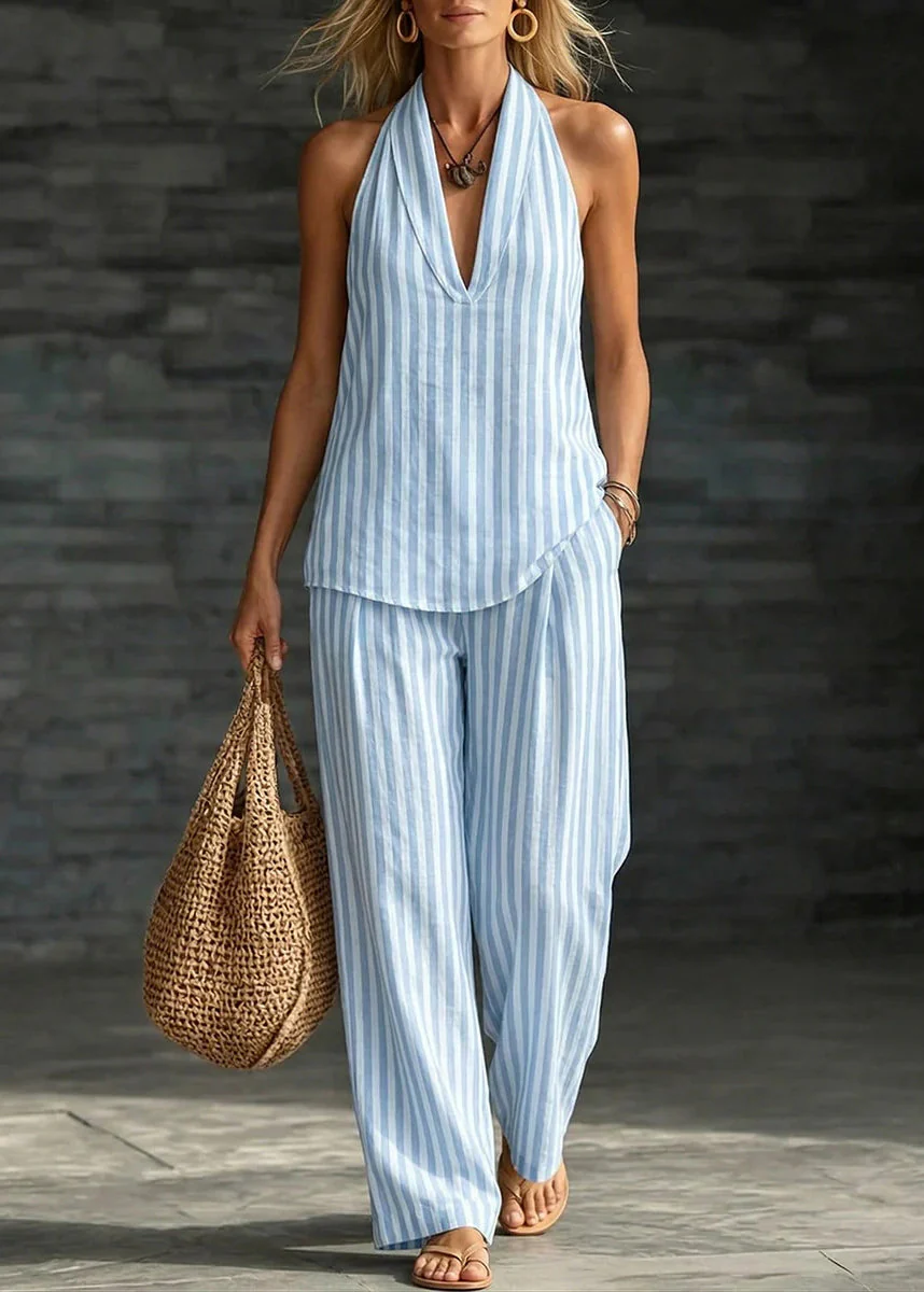 Natural Green Backless Striped Linen Halter Two Pieces Set Sleeveless - Image 4