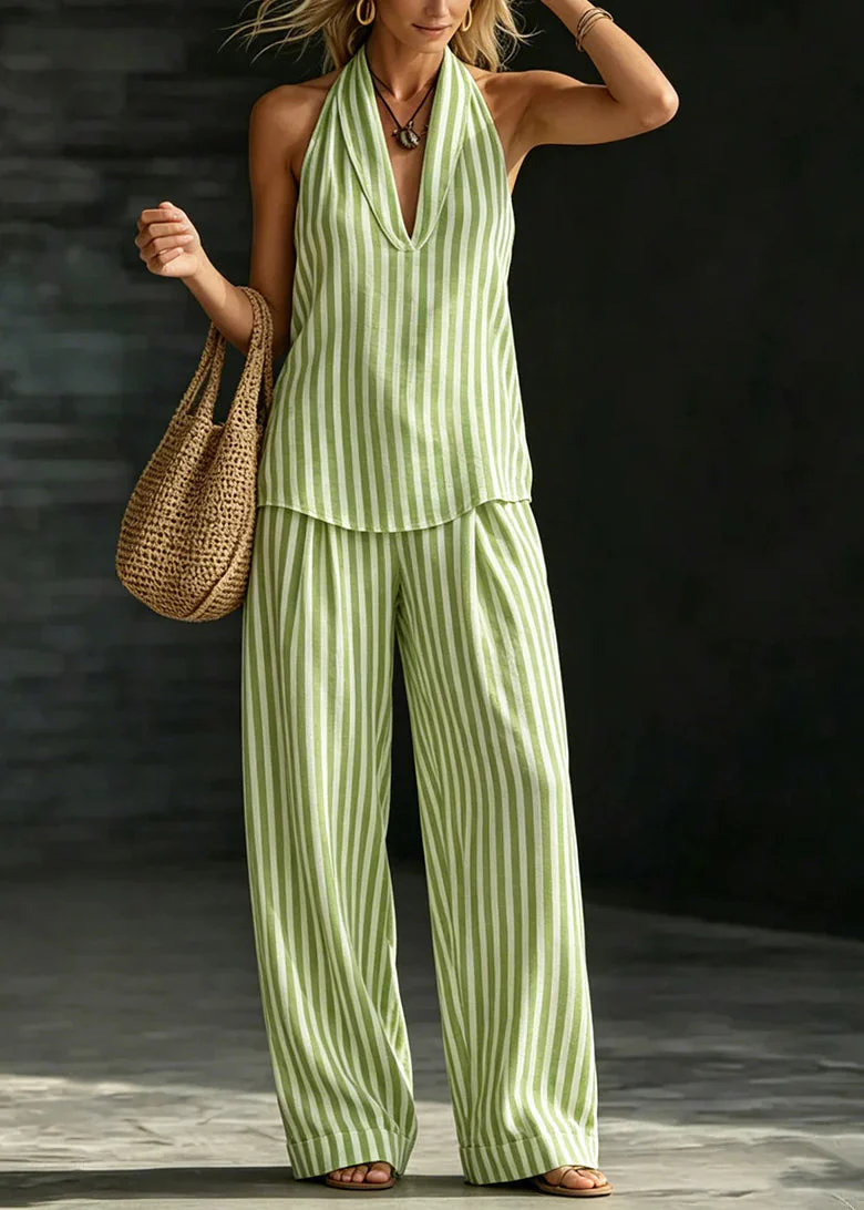Natural Green Backless Striped Linen Halter Two Pieces Set Sleeveless - Image 5