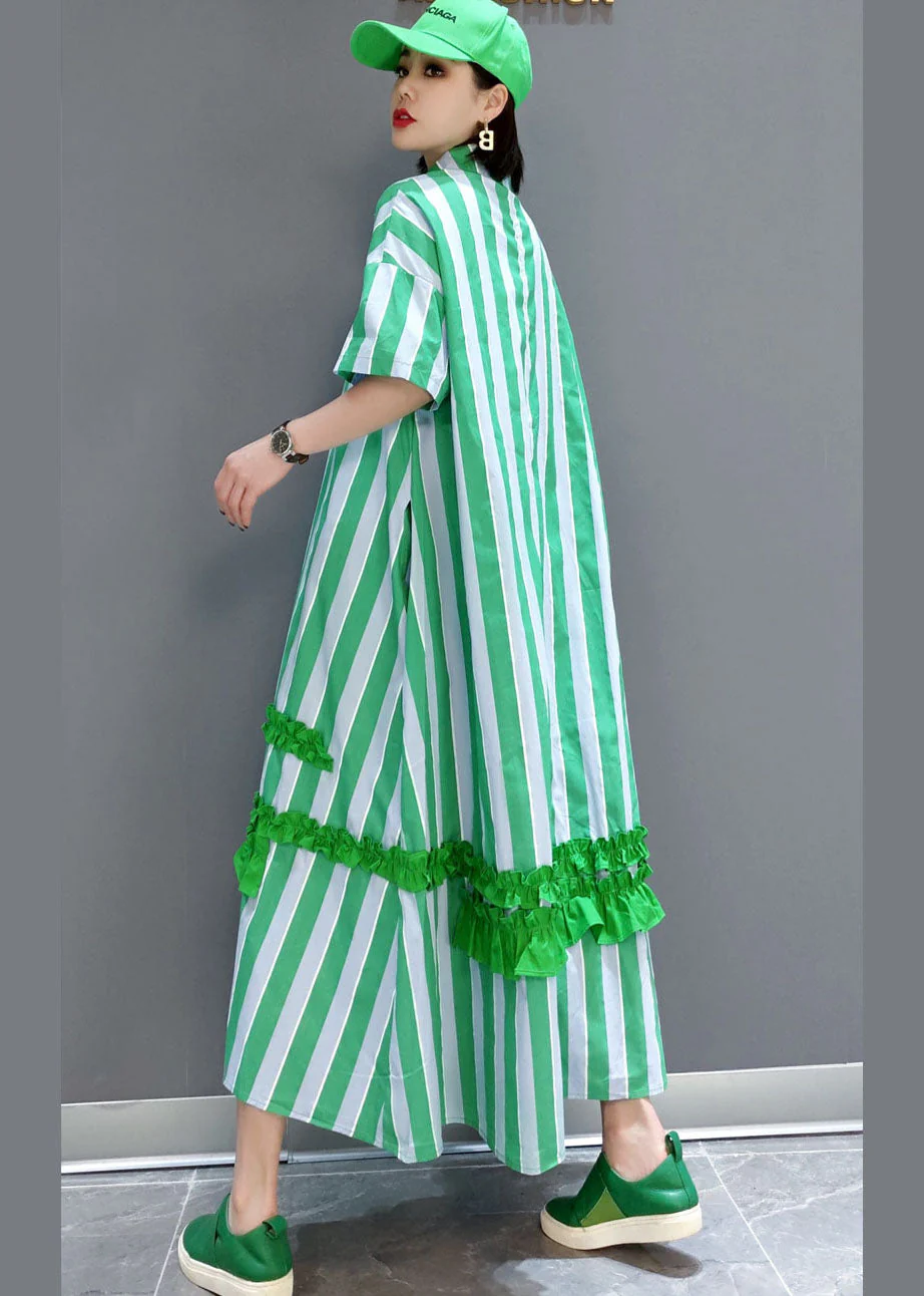 Natural Green button Ruffled Striped long Dress Spring - Image 4