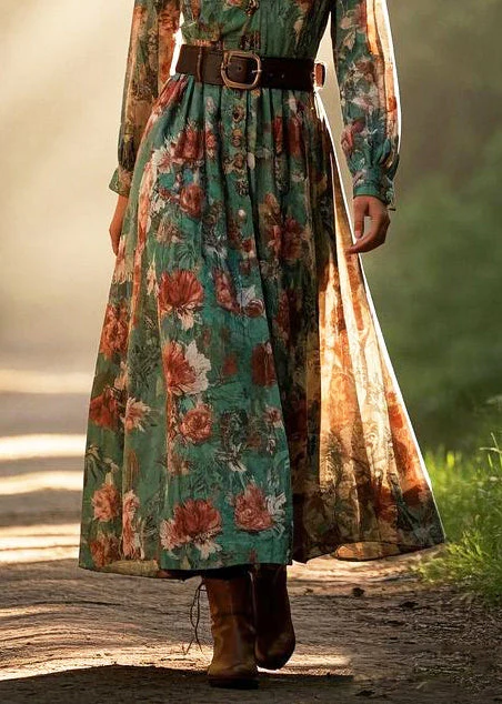 Natural Green Cinched Floral Print Cotton Dresses Spring - Image 4