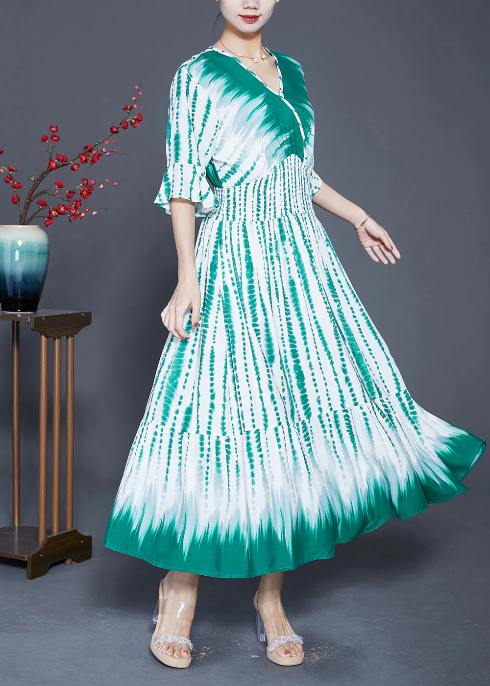 Natural Green Cinched Print Cotton Party Dress Flare Sleeve - Image 2