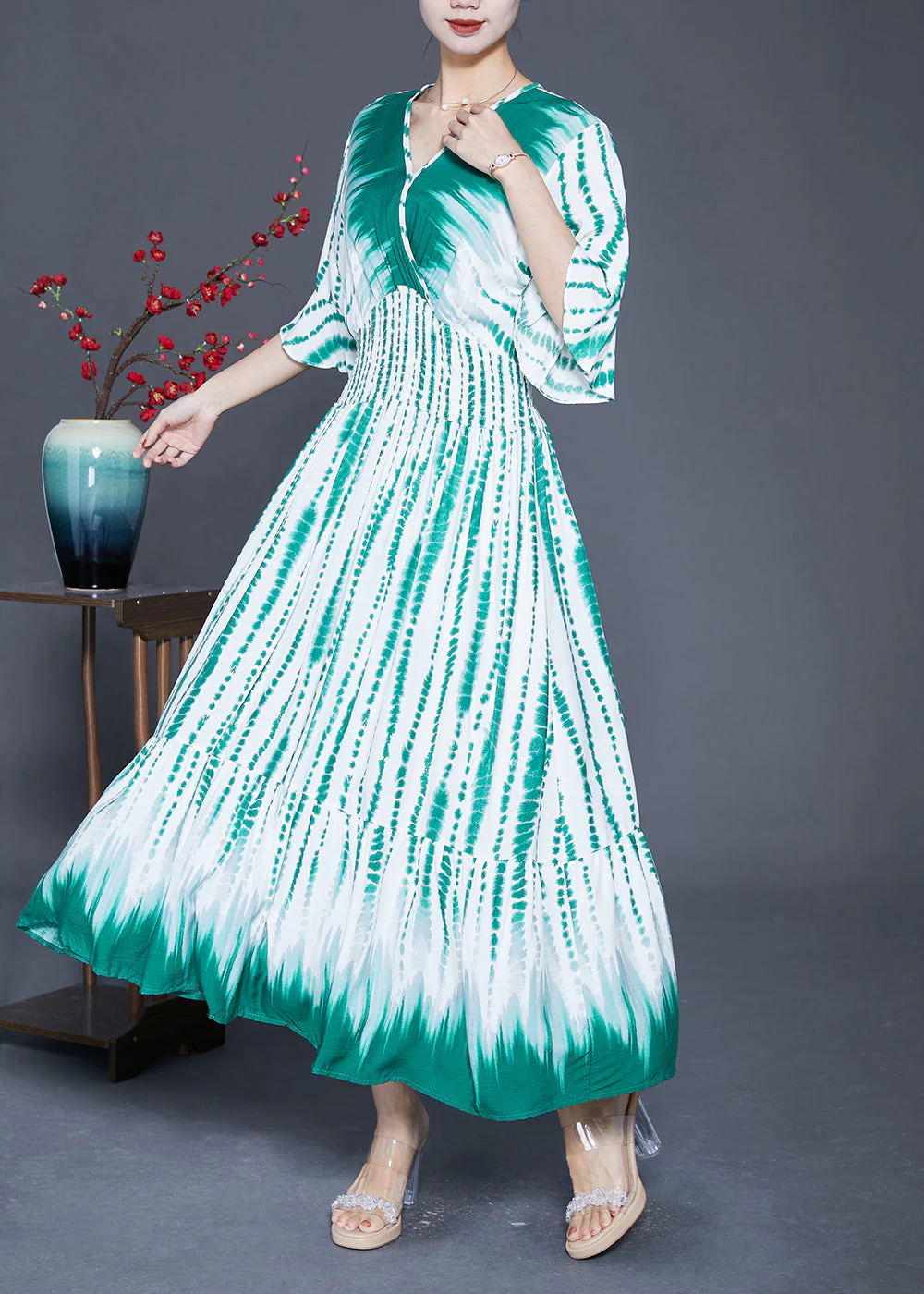 Natural Green Cinched Print Cotton Party Dress Flare Sleeve - Image 3