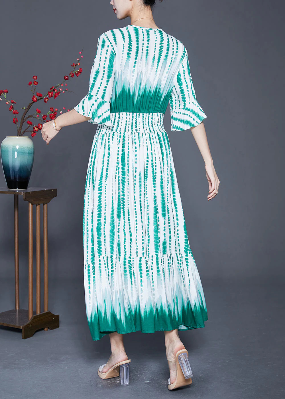 Natural Green Cinched Print Cotton Party Dress Flare Sleeve - Image 4