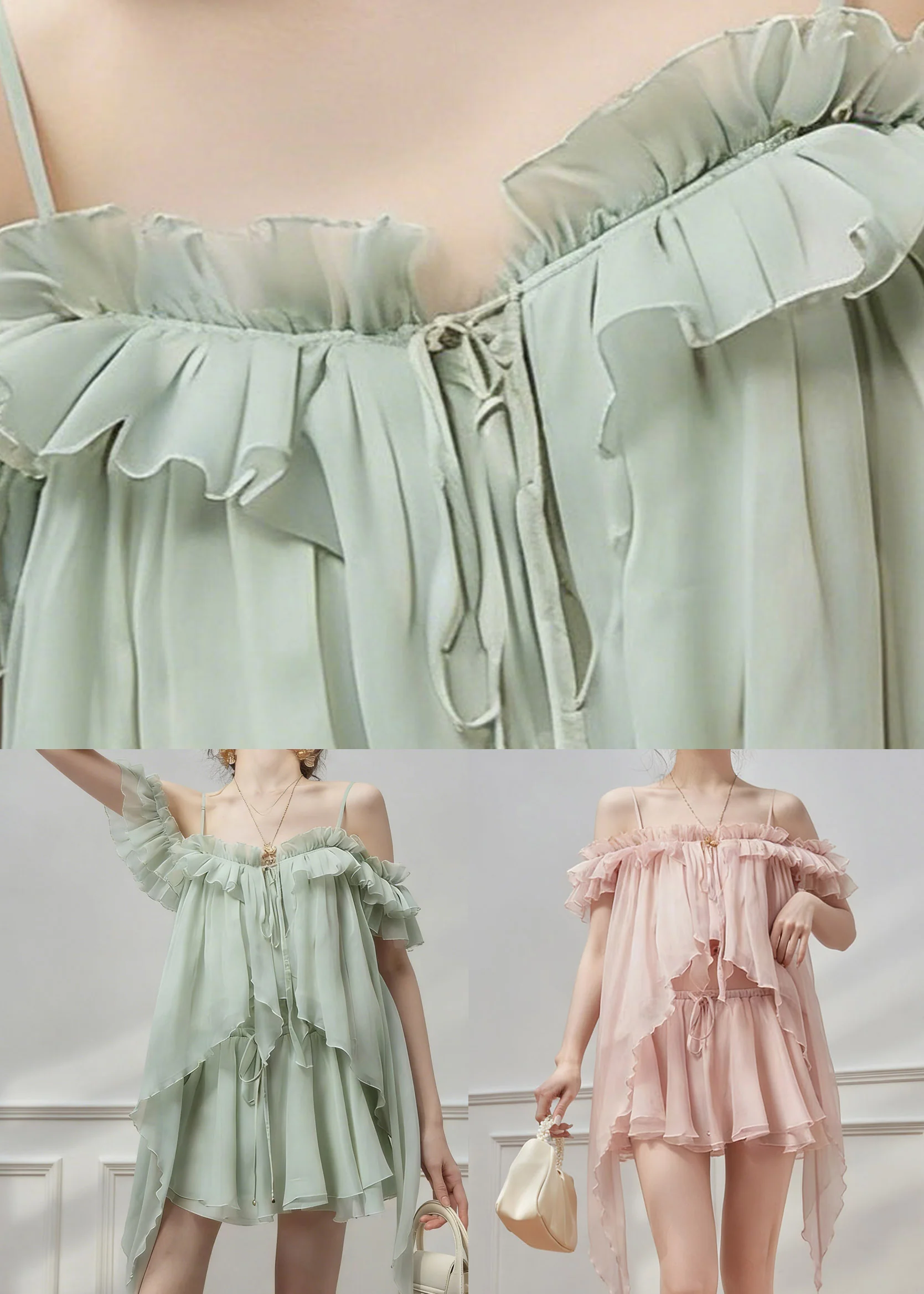 Natural Green Cold Shoulder Asymmetrical Chiffon Top And Skirts Two Pieces Set Sleeveless - Image 5