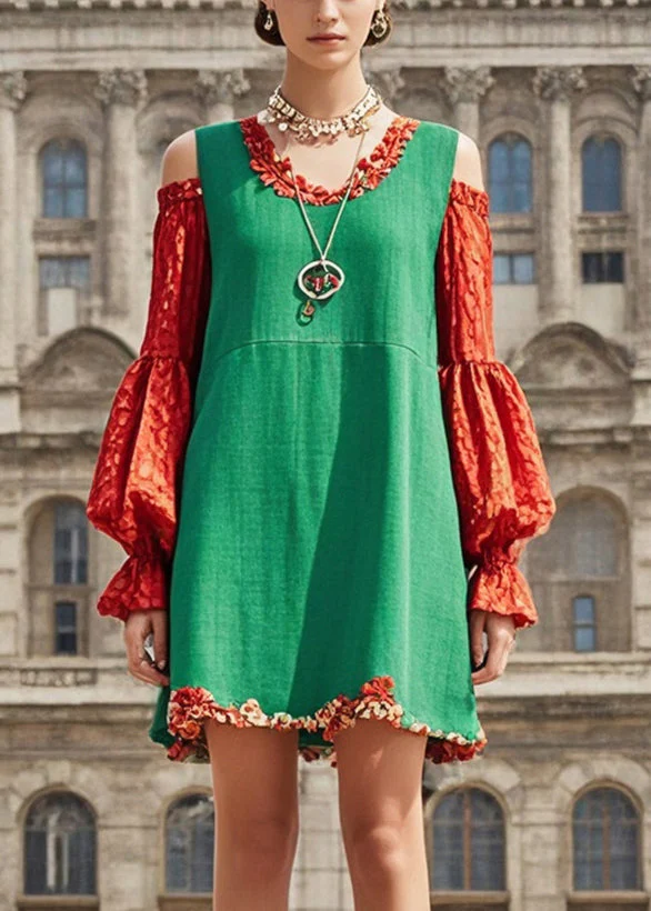 Natural Green Cold Shoulder Patchwork Cotton Mid Dress Fall - Image 2