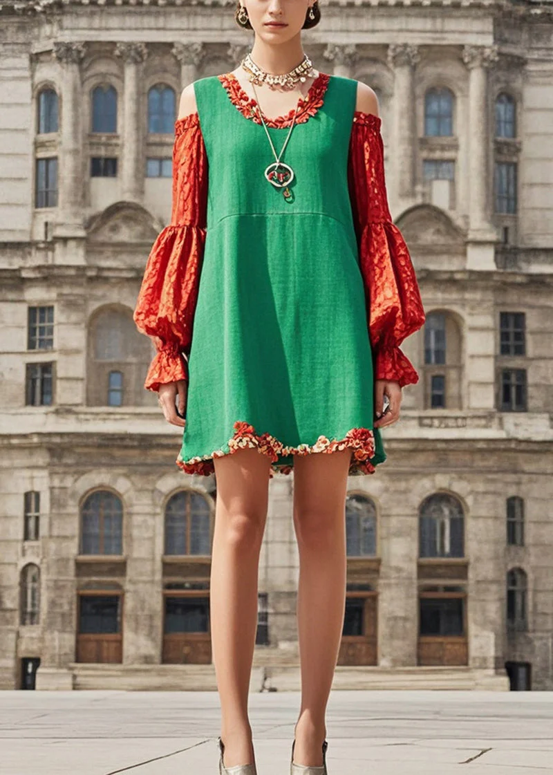 Natural Green Cold Shoulder Patchwork Cotton Mid Dress Fall - Image 3