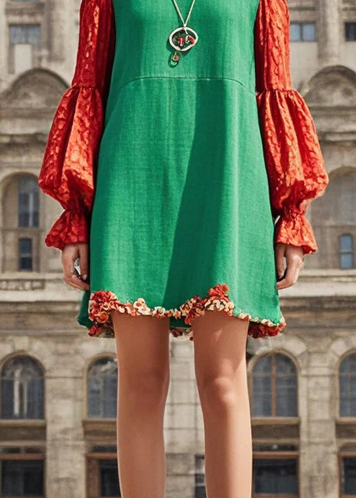 Natural Green Cold Shoulder Patchwork Cotton Mid Dress Fall - Image 4