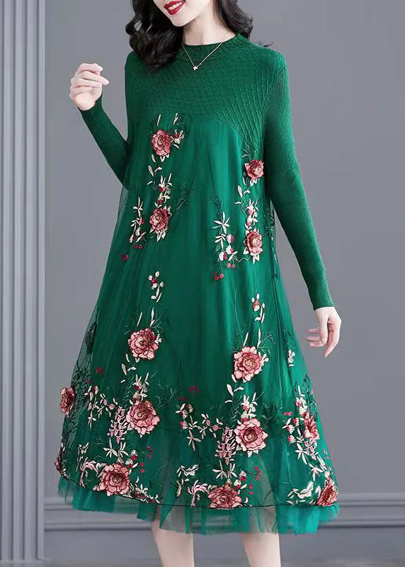 Natural Green Embroidered Patchwork Knit Long Dress Spring - Image 2