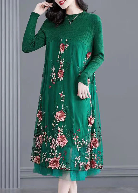 Natural Green Embroidered Patchwork Knit Long Dress Spring - Image 3
