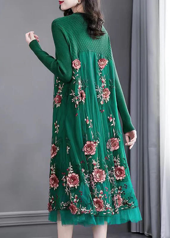 Natural Green Embroidered Patchwork Knit Long Dress Spring - Image 4