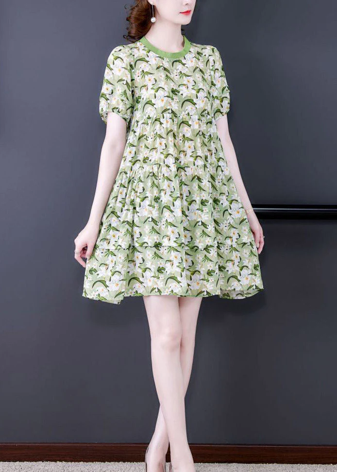 Natural Green O-Neck Cinched Print Dress Short Sleeve - Image 2