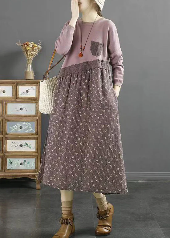 Natural Green O Neck Print Lace Patchwork Cotton Dresses Fall - Image 2