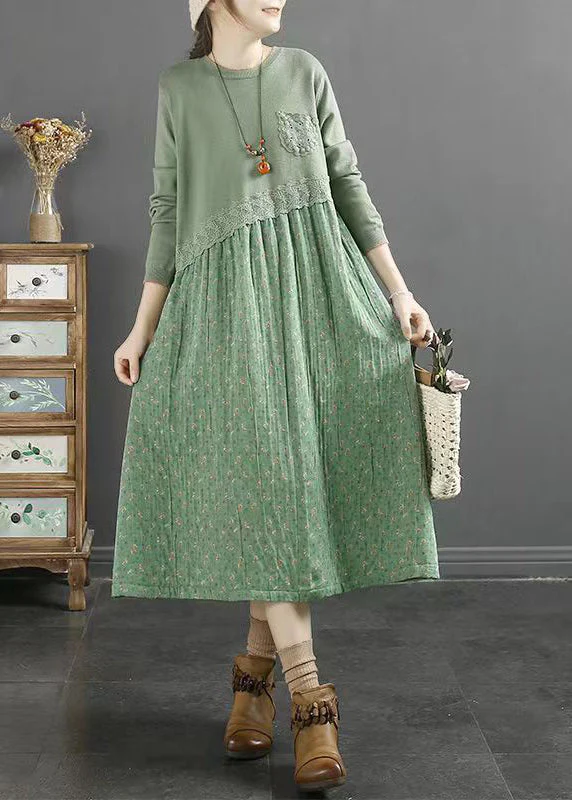 Natural Green O Neck Print Lace Patchwork Cotton Dresses Fall - Image 3