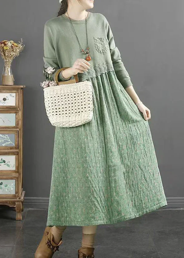 Natural Green O Neck Print Lace Patchwork Cotton Dresses Fall - Image 4
