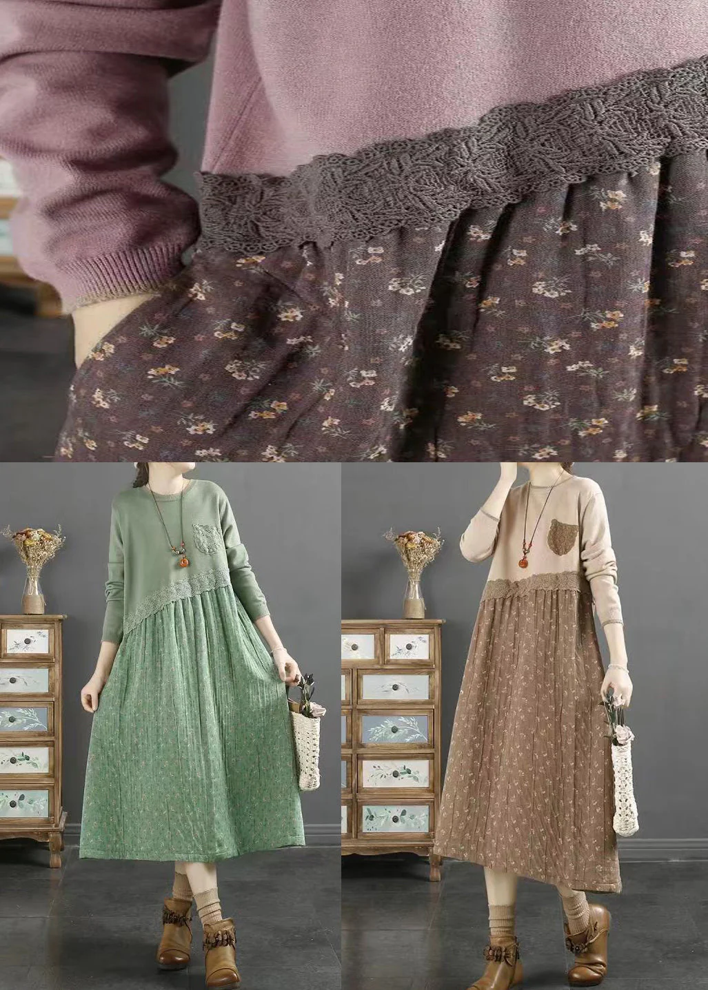 Natural Green O Neck Print Lace Patchwork Cotton Dresses Fall - Image 5