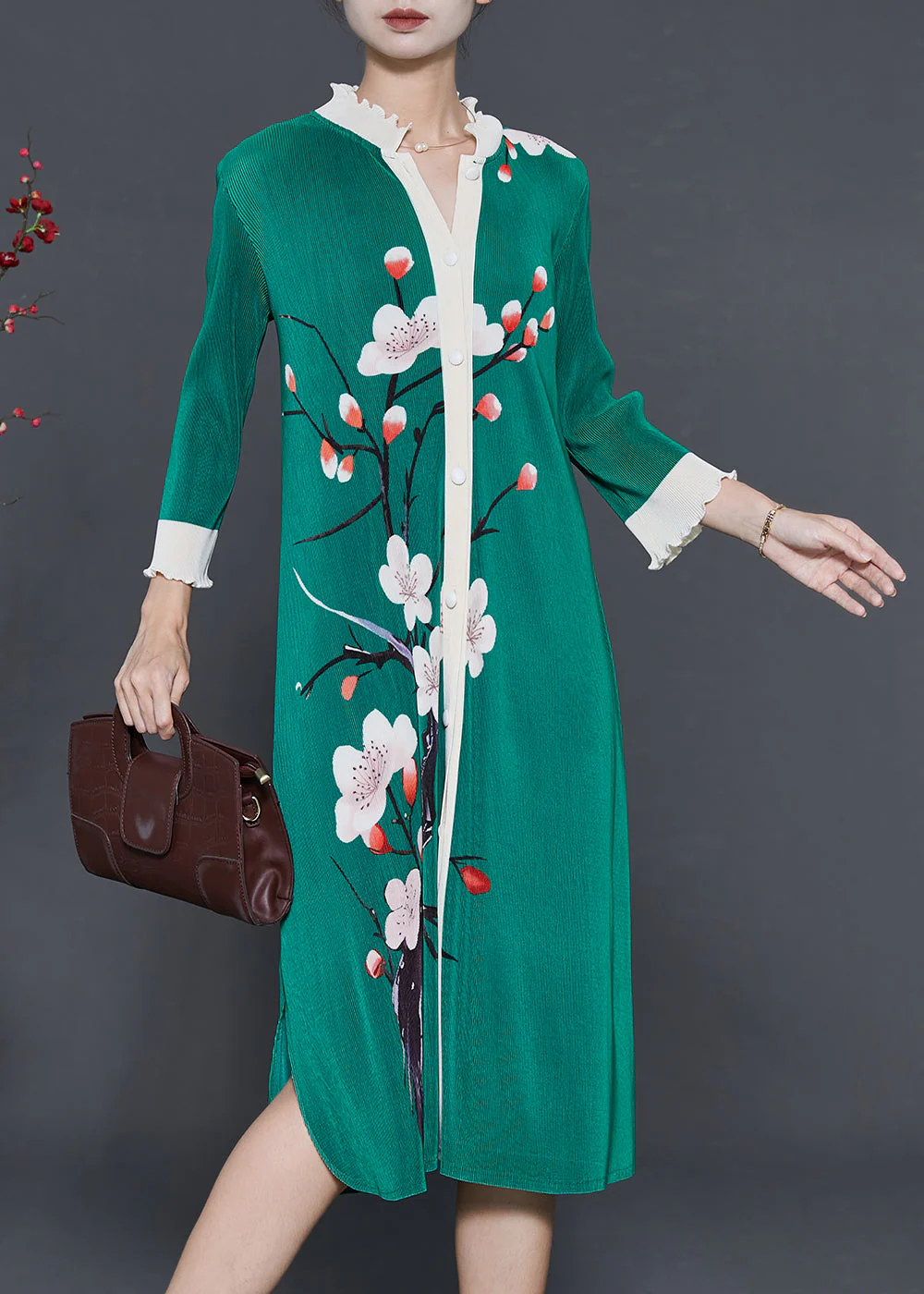 Natural Green Print Side Open Silk Robe Dresses Fall - Image 2