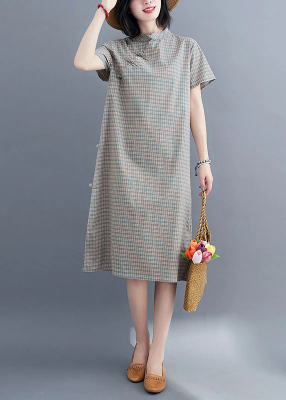 Natural Green Stand Collar Plaid Button Side Open Vacation Long Dresses Short Sleeve - Image 2
