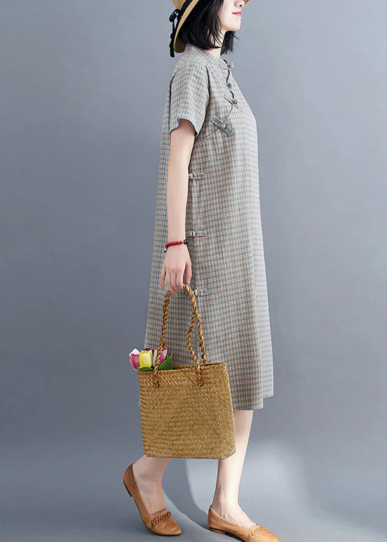 Natural Green Stand Collar Plaid Button Side Open Vacation Long Dresses Short Sleeve - Image 3
