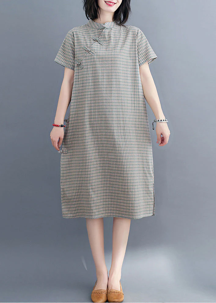Natural Green Stand Collar Plaid Button Side Open Vacation Long Dresses Short Sleeve - Image 4