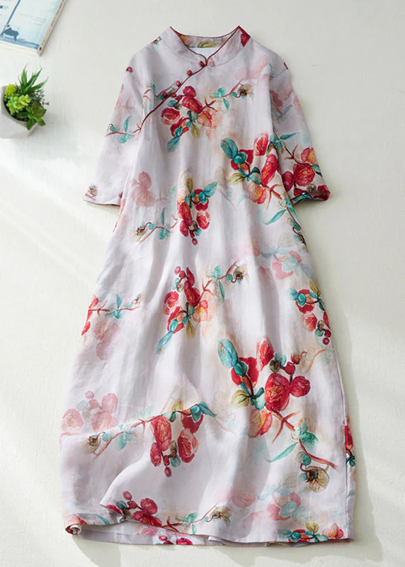 Natural Green Stand Collar Print Button Long Dress Short Sleeve - Image 2