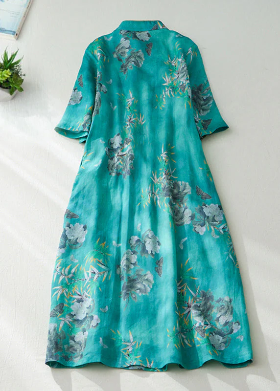 Natural Green Stand Collar Print Button Long Dress Short Sleeve - Image 3