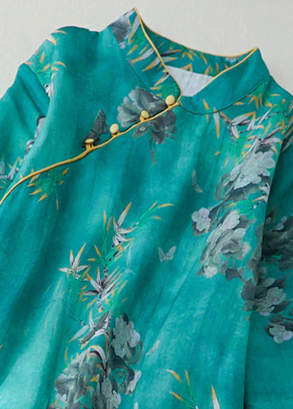 Natural Green Stand Collar Print Button Long Dress Short Sleeve - Image 4