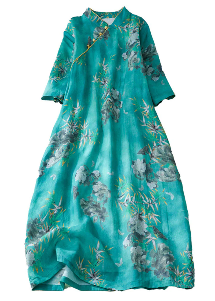 Natural Green Stand Collar Print Button Long Dress Short Sleeve - Image 5