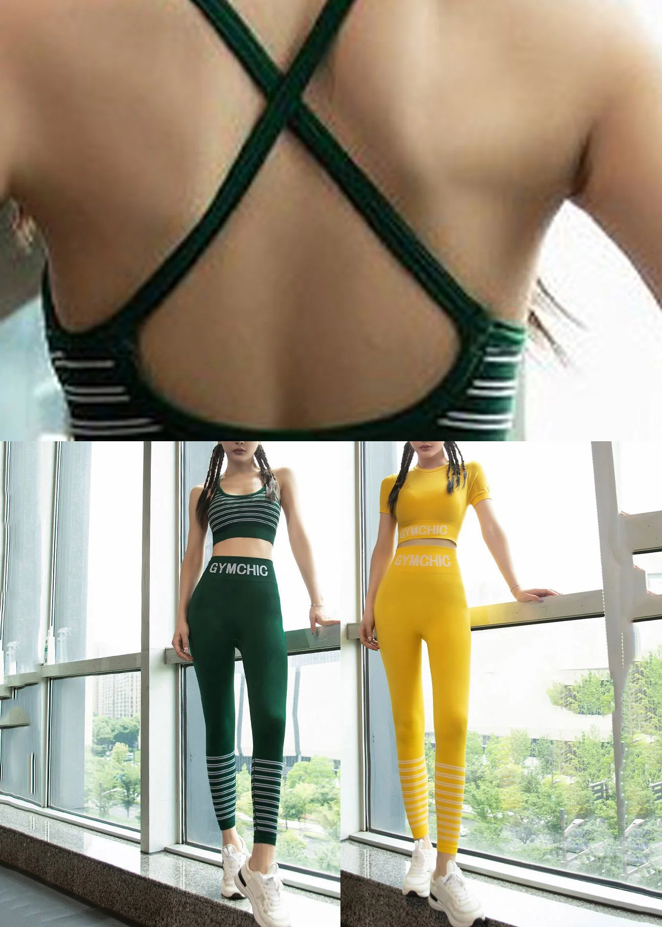 Natural Green Striped Patchwork Butt Scrunch Sports Bra And Leggings Set Suit - Image 5