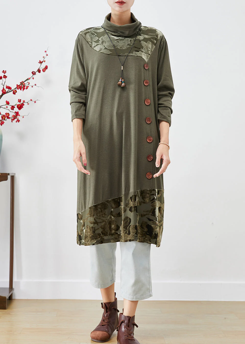 Natural Green Turtle Neck Patchwork Jacquard Silk Velour Dresses Fall - Image 2