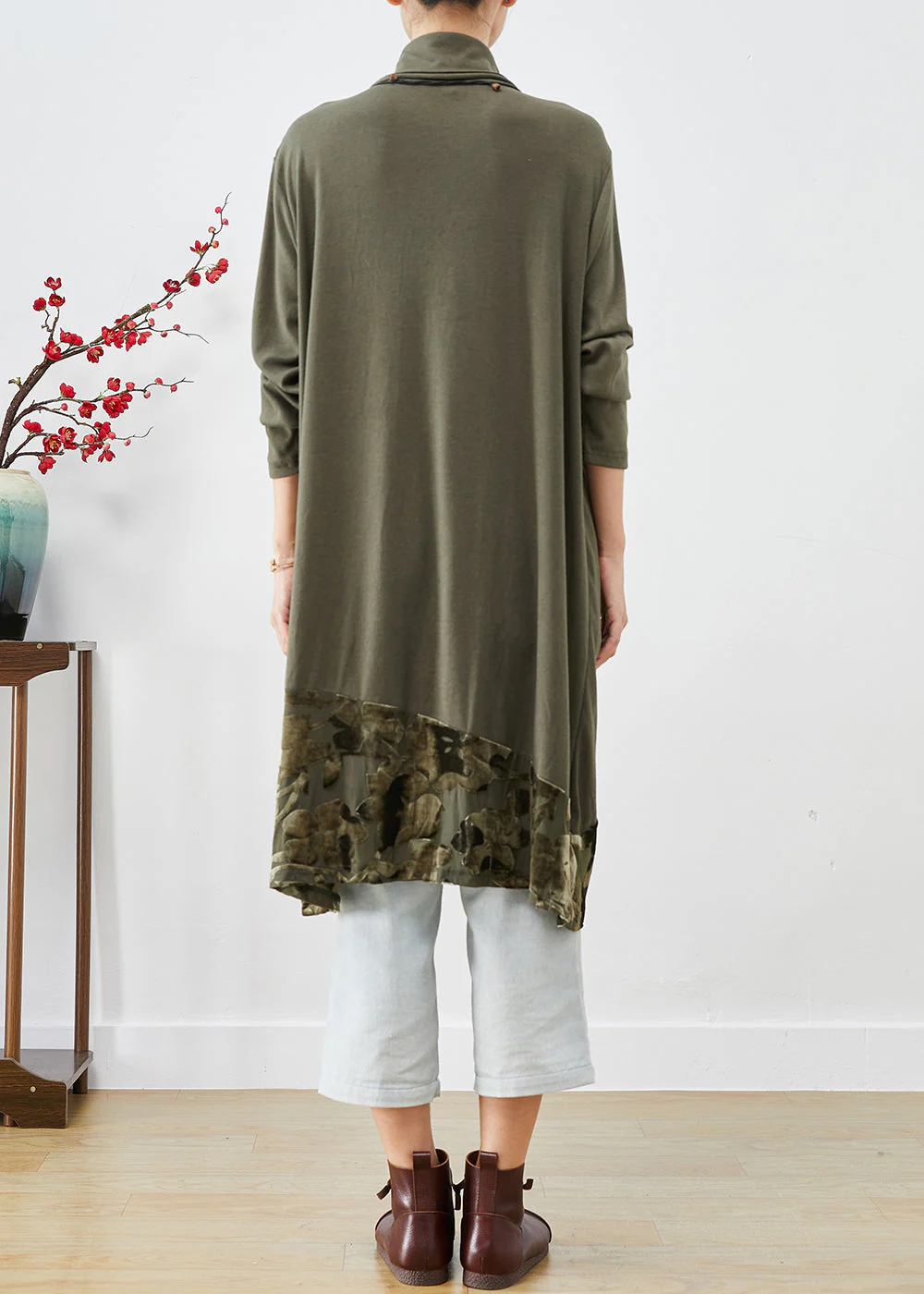 Natural Green Turtle Neck Patchwork Jacquard Silk Velour Dresses Fall - Image 4
