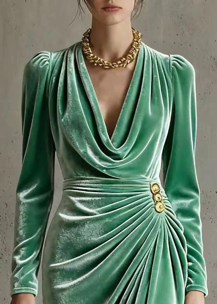 Natural Green Turtle Neck Wrinkled Silk Velvet Party Dress Spring - Image 2