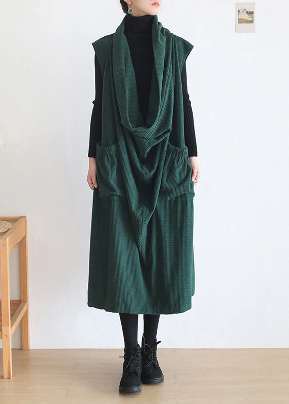 Natural Green Turtleneck Pockets Knit Cotton Dress Sleeveless - Image 2