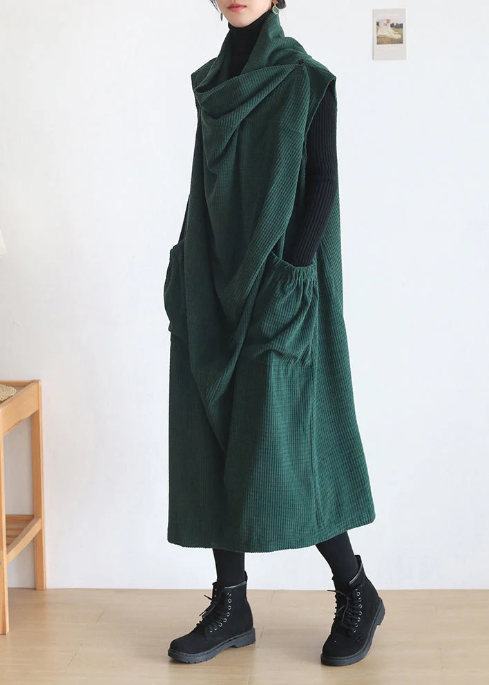 Natural Green Turtleneck Pockets Knit Cotton Dress Sleeveless - Image 3