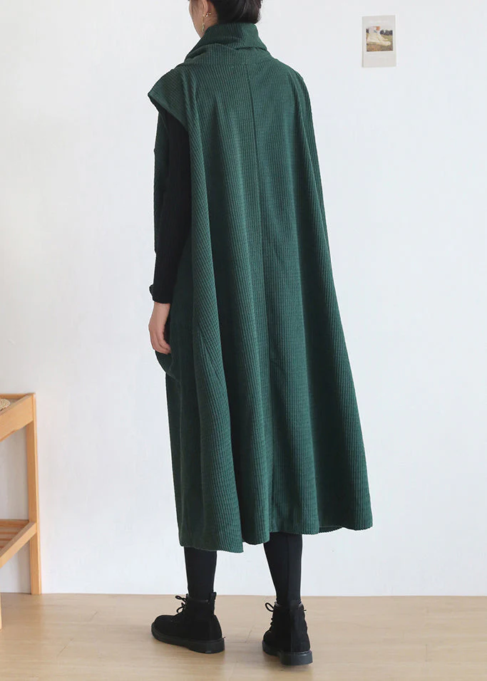 Natural Green Turtleneck Pockets Knit Cotton Dress Sleeveless - Image 4