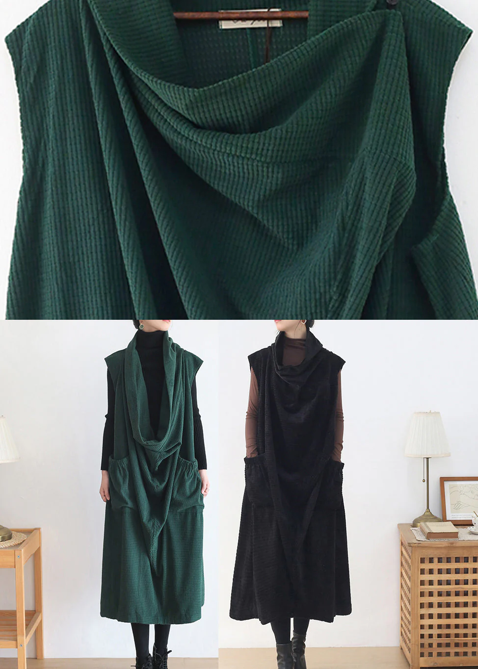 Natural Green Turtleneck Pockets Knit Cotton Dress Sleeveless - Image 5