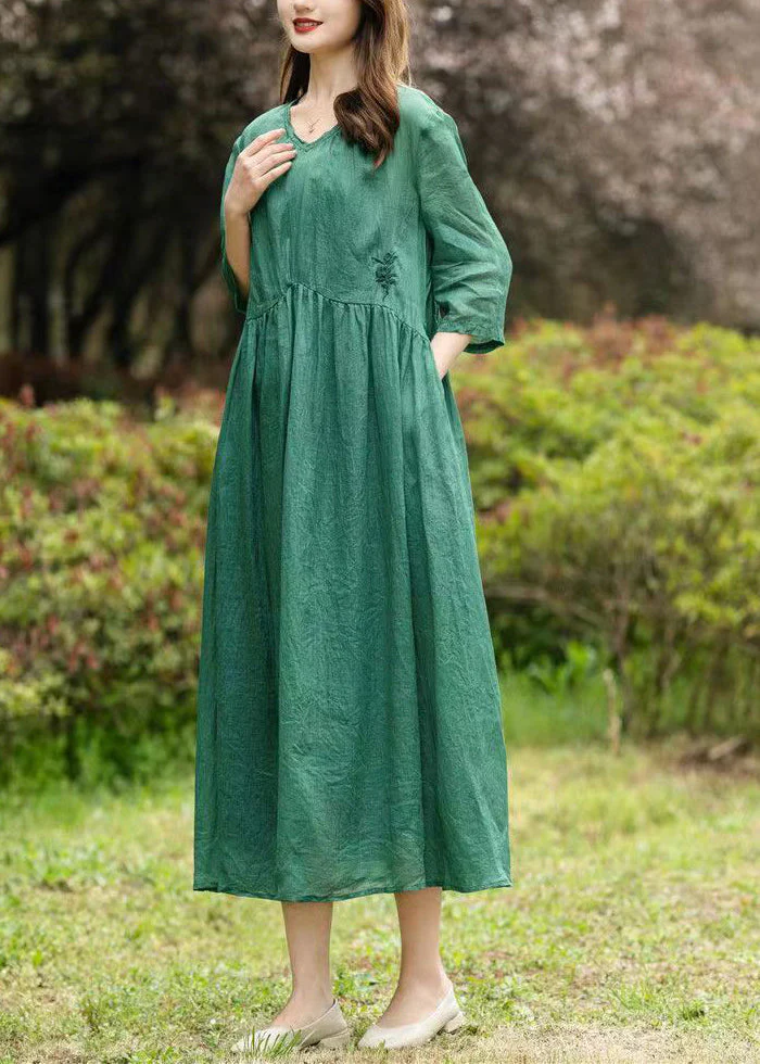 Natural Green V Neck Embroideried Patchwork Linen Dresses Summer - Image 3