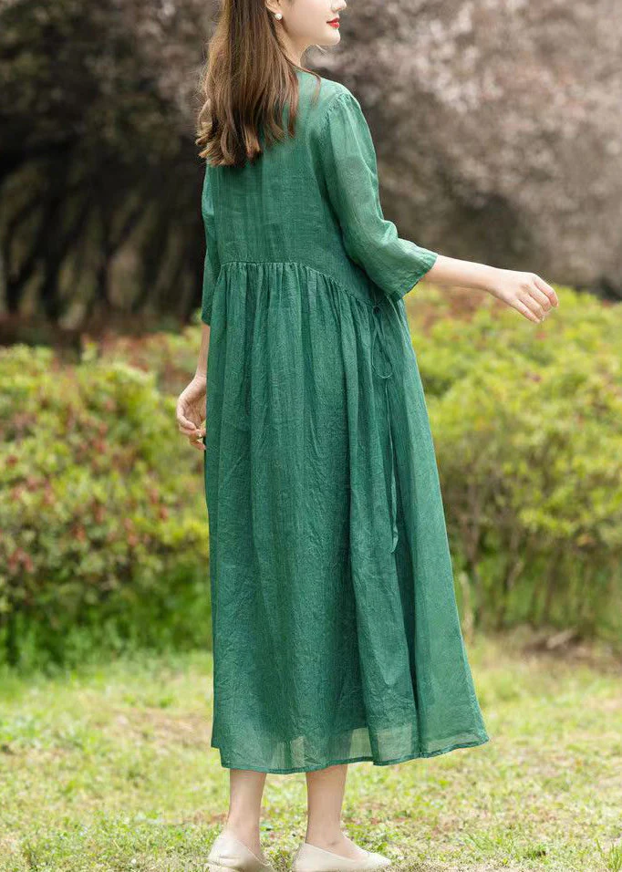 Natural Green V Neck Embroideried Patchwork Linen Dresses Summer - Image 4